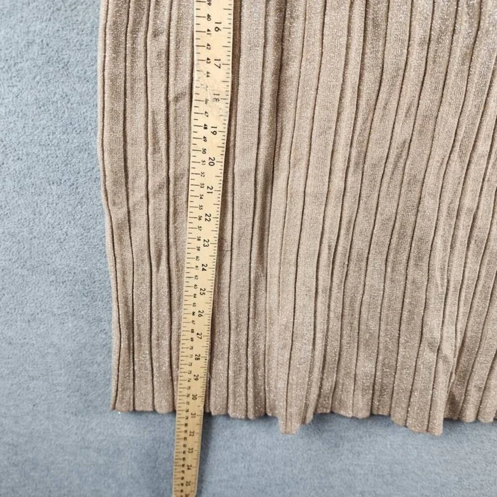 T Tahari Metallic Pleated Pull-On Midi Skirt Women's M Gold Ribbed Elastic Waist